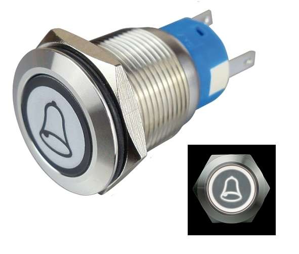 Vollmetallschalter mit Ein / Aus-Symbol, LED Beleuchtung weiss, 12V, 19 mm