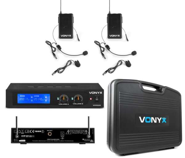 Funkmikrofon Set VHF522 Empfänger mit 2x Taschensender mit Headest Netzteil Antennen und Koffer