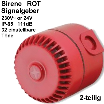 Rode sirene 230V, IP65, 32 tonen, 89-102dB, hoge sokkel Vds G