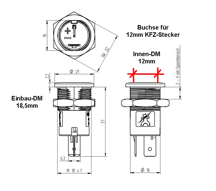 KFZ DIN-Norm 12mm Einbau Steckdose für 12-24V max 16A KFZ Buchse KFZ Dose, KFZ Stecker, Steckverbinder