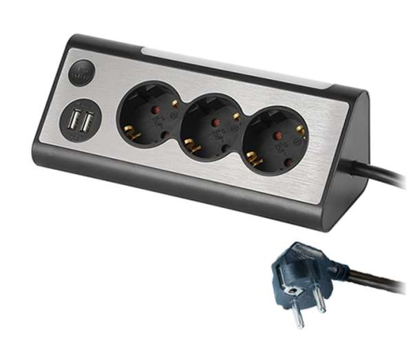 Steckdose 3-fach Steckdosenleiste Schwarz mit USB Netzteil und LED Leuchte