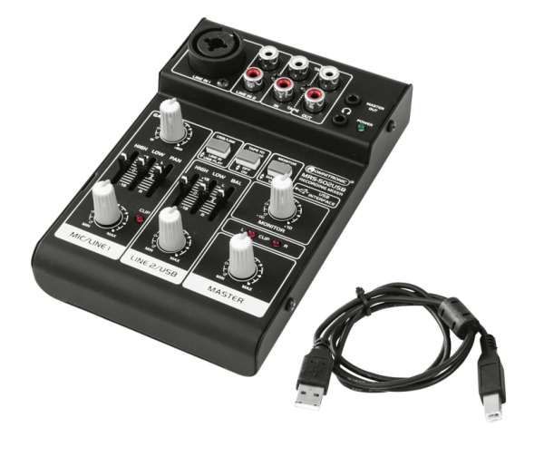 Mischpult Mixer 3-Kanal Cinch und Mikrofoneingang mit USB Soundkarte Recording-Mixer
