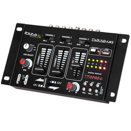Mischpult Mixer 3-Kanal Stereo mit USB-Player und 2x Mikrofoneingängen
