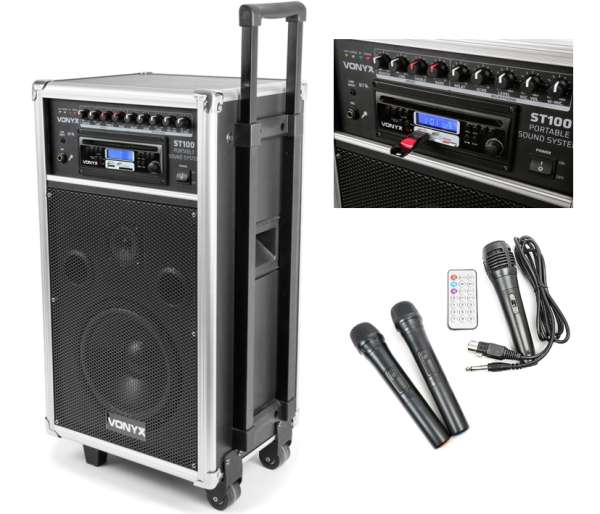 Mobile Musikanlage Beschallungsanlage mit USB-MP3 CD-Player Akku 2xFunkmikro 250W 8zoll Bluetooth
