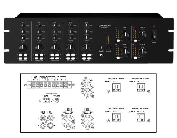 Audiomatrix mit 4-Zonen Regelung 4+1Kanal Audiomixer Multiroom mit Telefonkoppler PA4040MPX