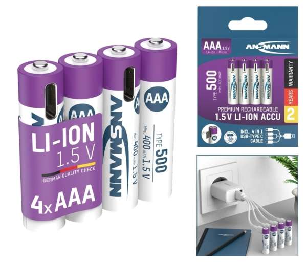 Lithiumakku 1,5Volt Micro AAA je 500mAh inkl USB-C Ladekabel - 4er-Pack -