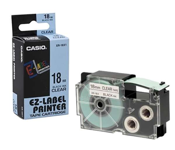 Schriftband 18mm Farbband Casio XR-18X1 Schwarz auf transparetem Hintergrund