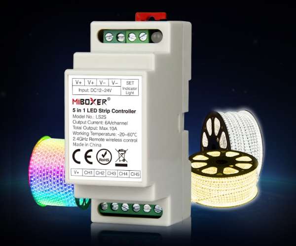 LED RGB-W Kontroller 5-Kanal 5x6A 12V-24V Hutschiene MiBoxer mit Funkempfänger